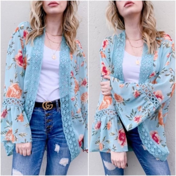 023 Bohemian Dusty Blue Floral Print Open Front Lace Kimono Cardigan - Picture 2 of 3